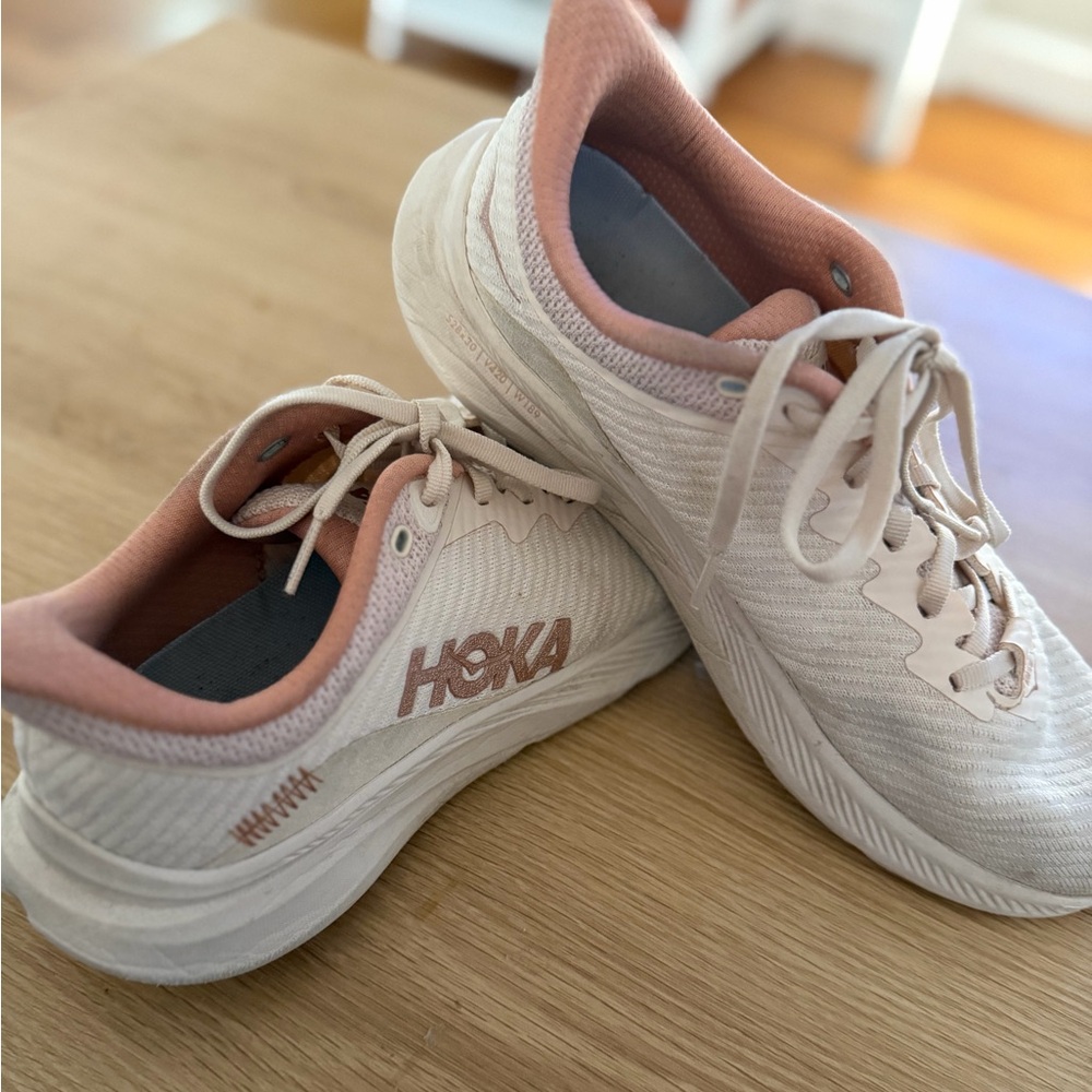 Hoka Coral and Beige Running Shoes